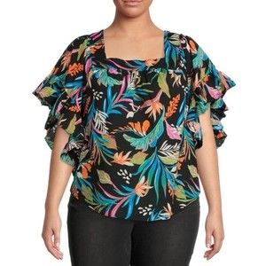 Terra & Sky Womens Square Neck Black Floral Pattern Top Plus Size 2X (20W-22W)